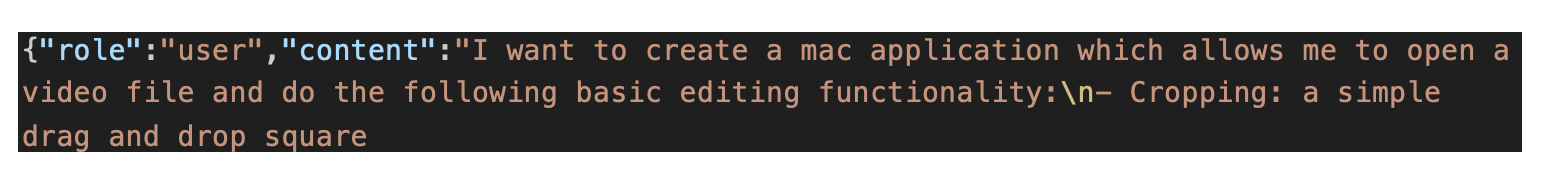 Code snippet showing a user prompt describing the desire to create a Mac application for video cropping with drag-and-drop functionality