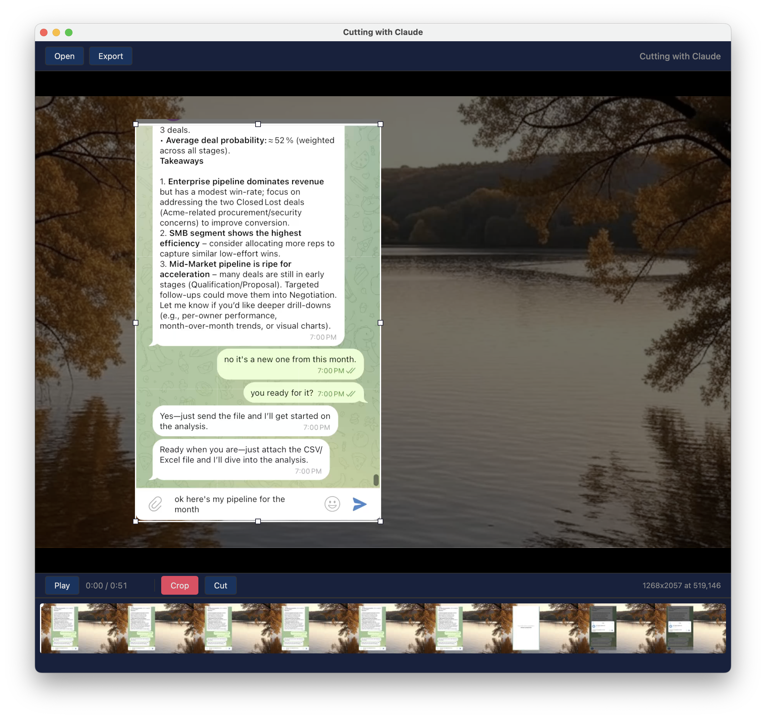 The Cutting with Claude app interface showing a loaded video with a chat conversation overlay and a draggable selection rectangle for cropping, along with timeline controls