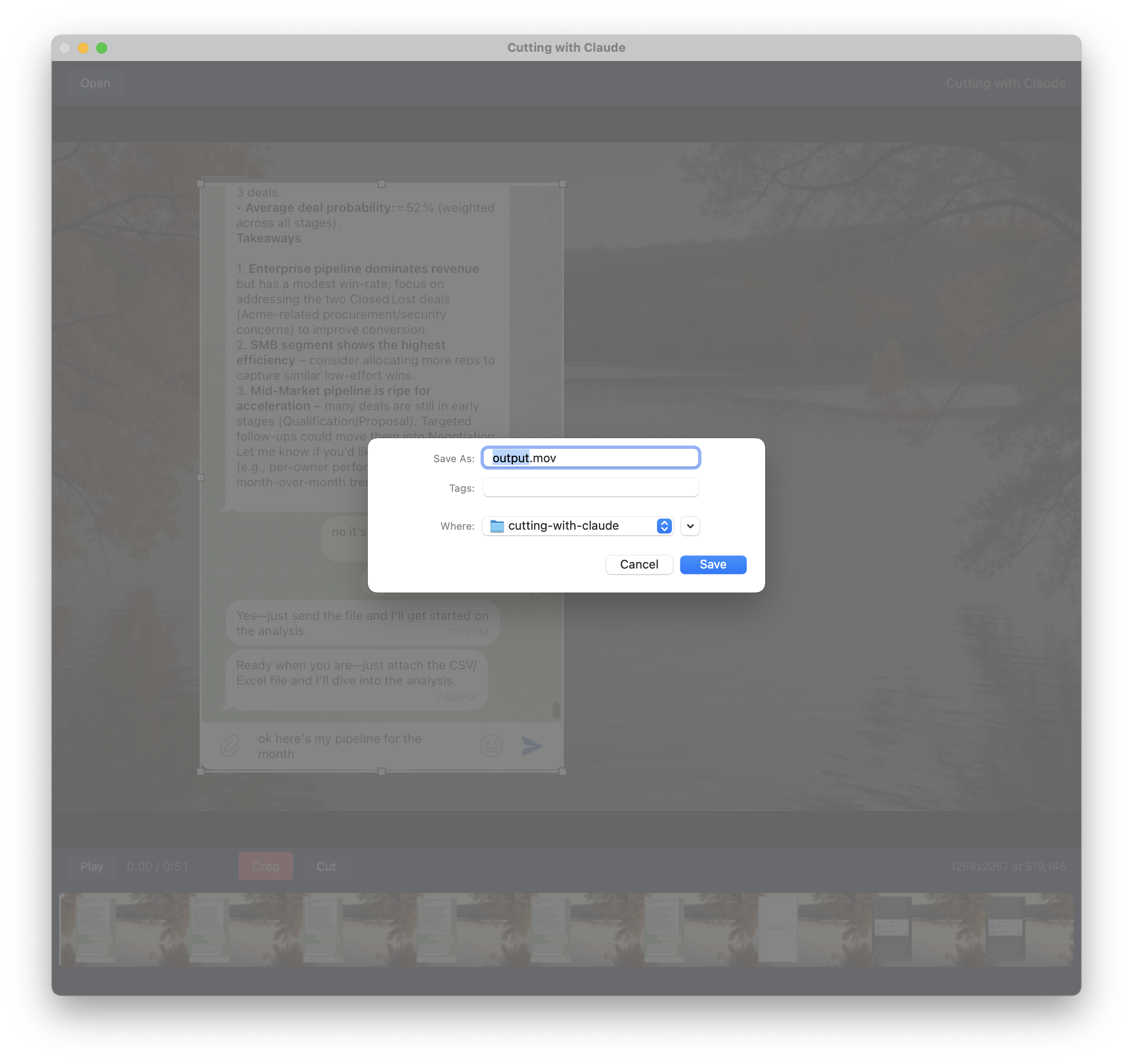 Mac save dialog in the Cutting with Claude app, showing the output file name field and destination folder selection