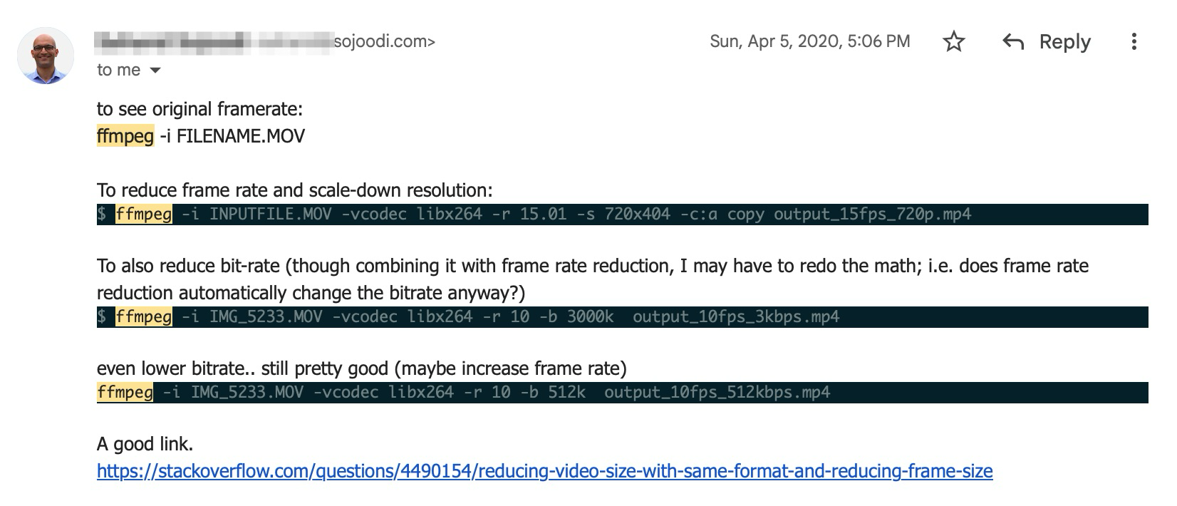 Email screenshot showing FFmpeg commands for reducing video size and frame rate, dated April 5, 2020