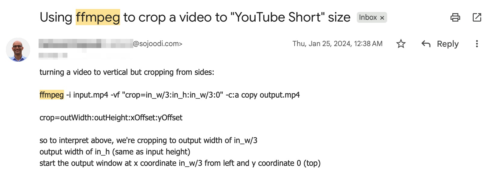 Email screenshot showing an FFmpeg crop command for converting video to YouTube Shorts aspect ratio, dated January 25, 2024