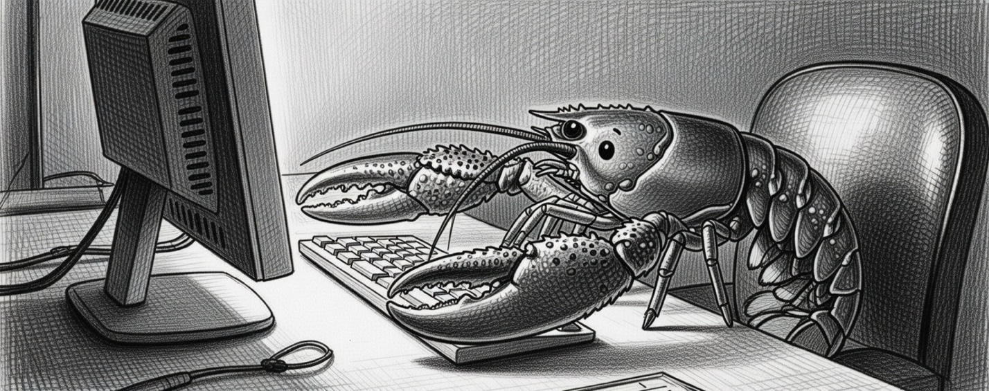 A lobster typing on a keyboard at a desk