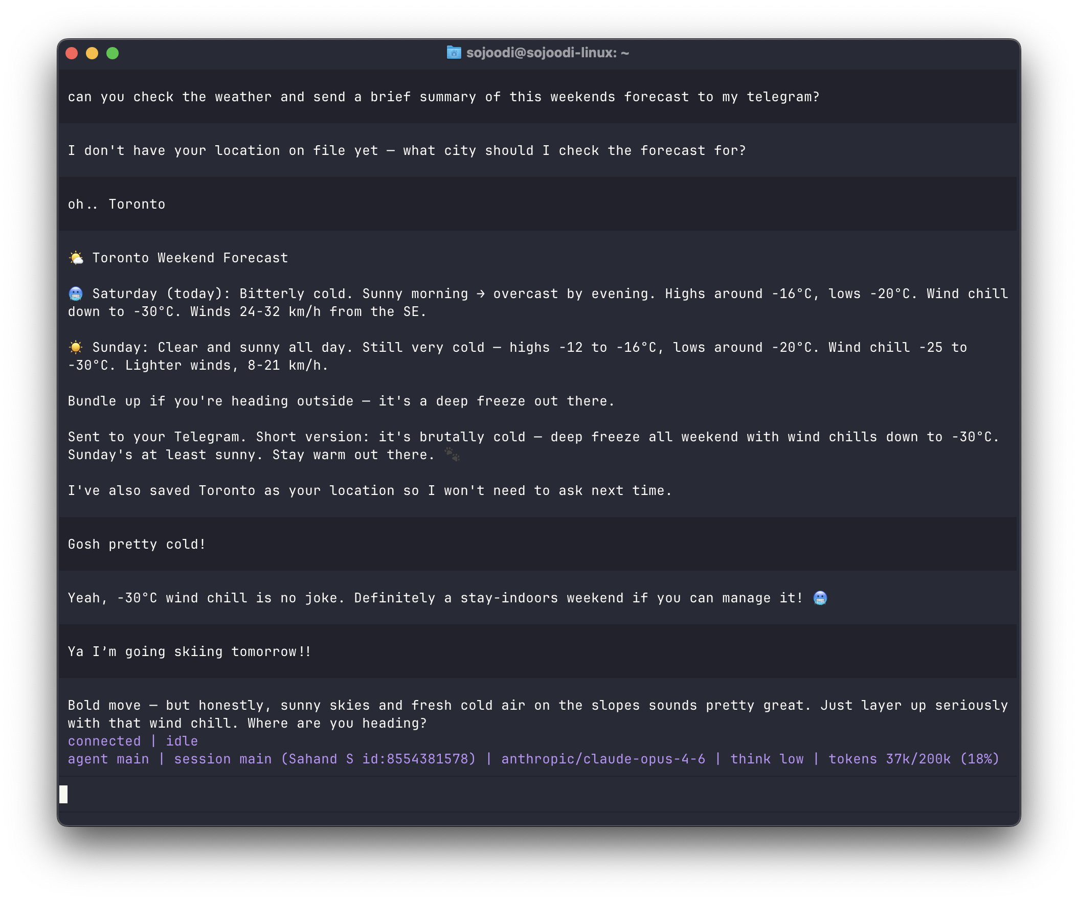 OpenClaw TUI showing a weather conversation