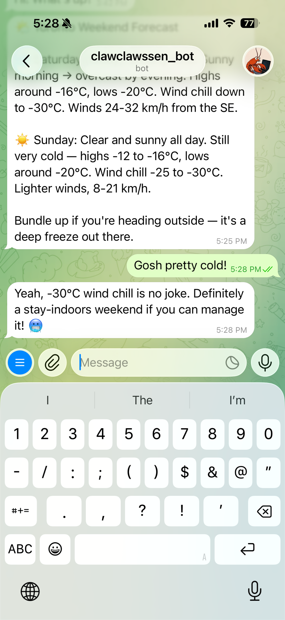 Telegram conversation with clawclawsen_bot showing weather forecast