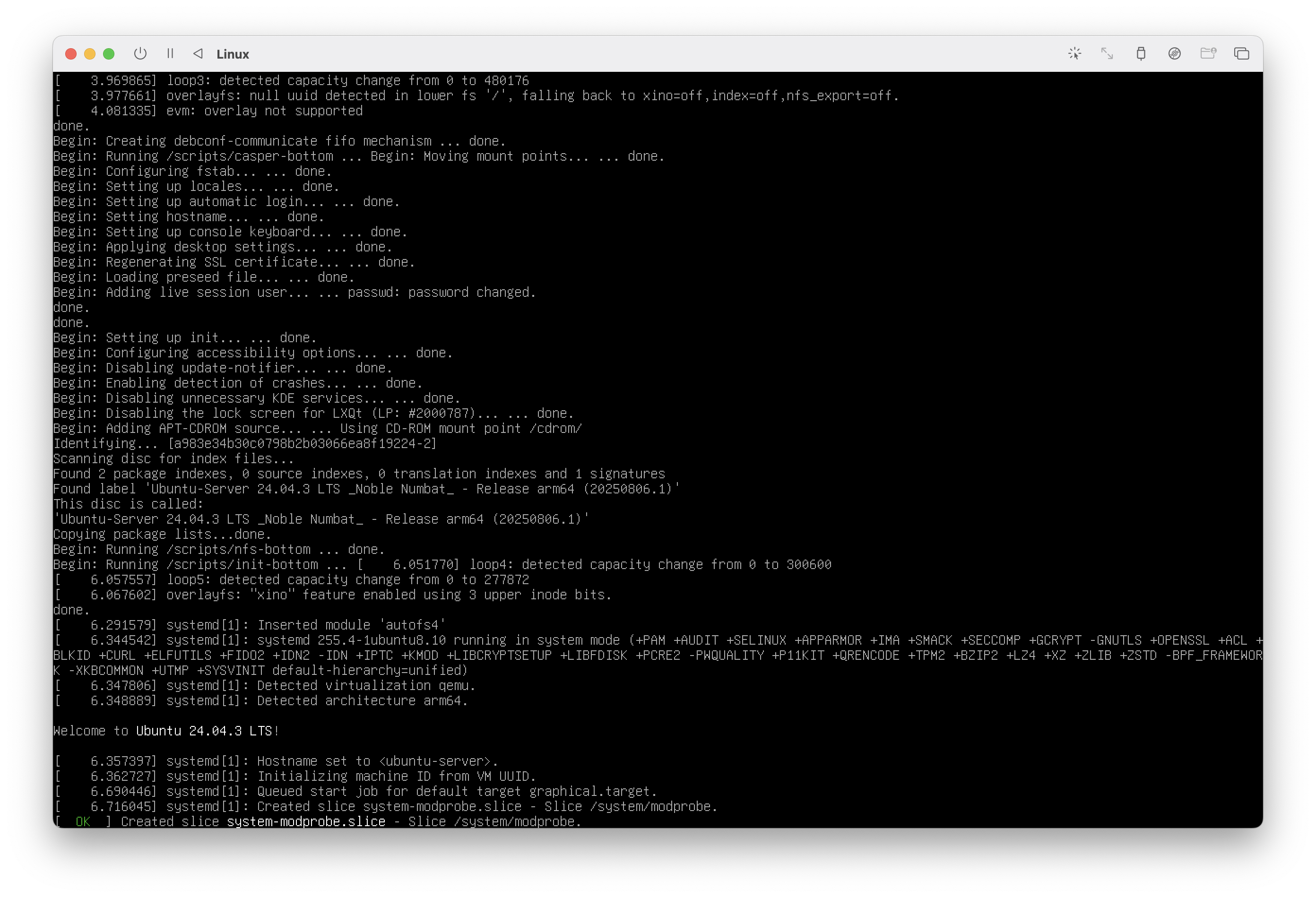 Ubuntu 24.04 LTS boot screen in UTM