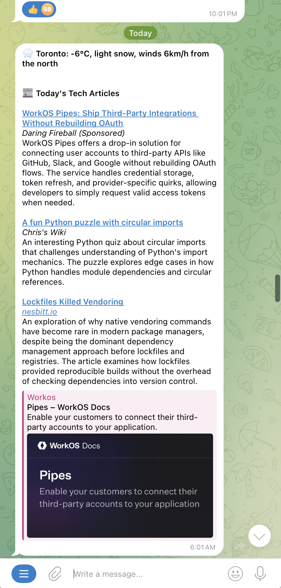 Screenshot of a Telegram conversation with clawclawssen_bot showing an automated daily tech brief including weather for Toronto and summaries of tech articles from various sources like Daring Fireball and nesbitt.io