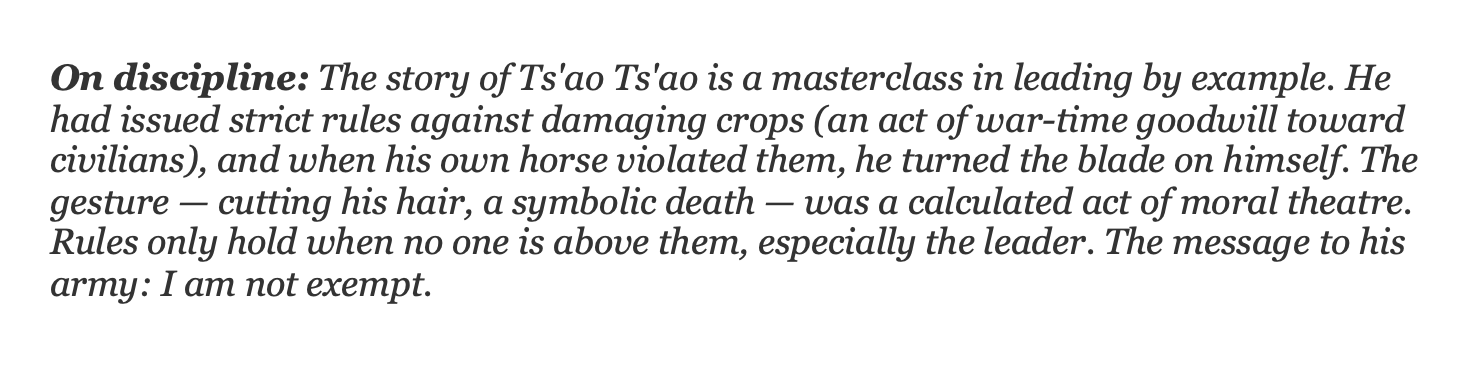 Screenshot of a passage about discipline from The Art of War, discussing Ts'ao Ts'ao's story of leading by example when his horse damaged crops, demonstrating that rules only hold when leaders are not exempt