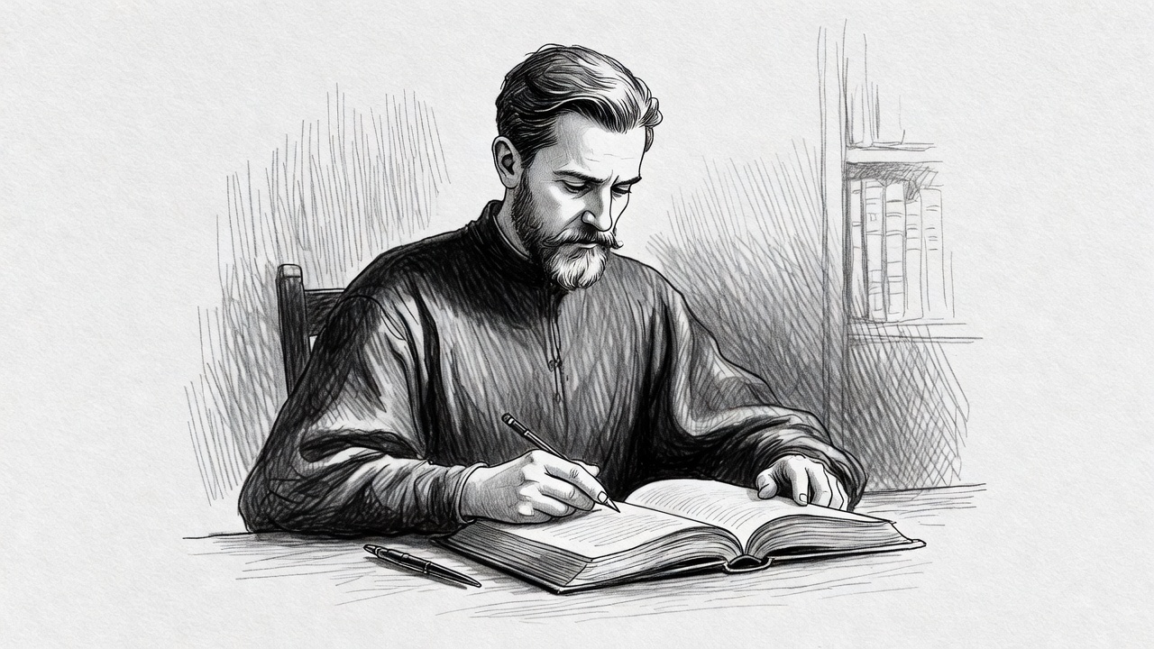 A person sitting at a desk reading a book and taking notes in a contemplative, sketch-style illustration