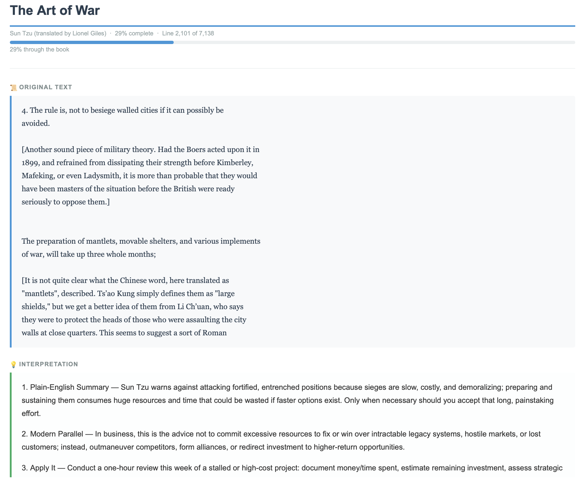 Email-style reading digest titled 'The Art of War' showing reading progress, original text excerpts, and an interpretation section with practical modern guidance.